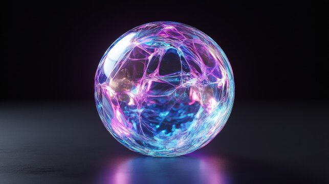 A live neon ball emits neon light on a dark background. 3D ball of liquid changing plasma shell shining on a dark background.
