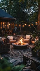 Cozy outdoor space with a fire pit, surrounded by comfortable seating and warm lights, perfect for gatherings and relaxation.