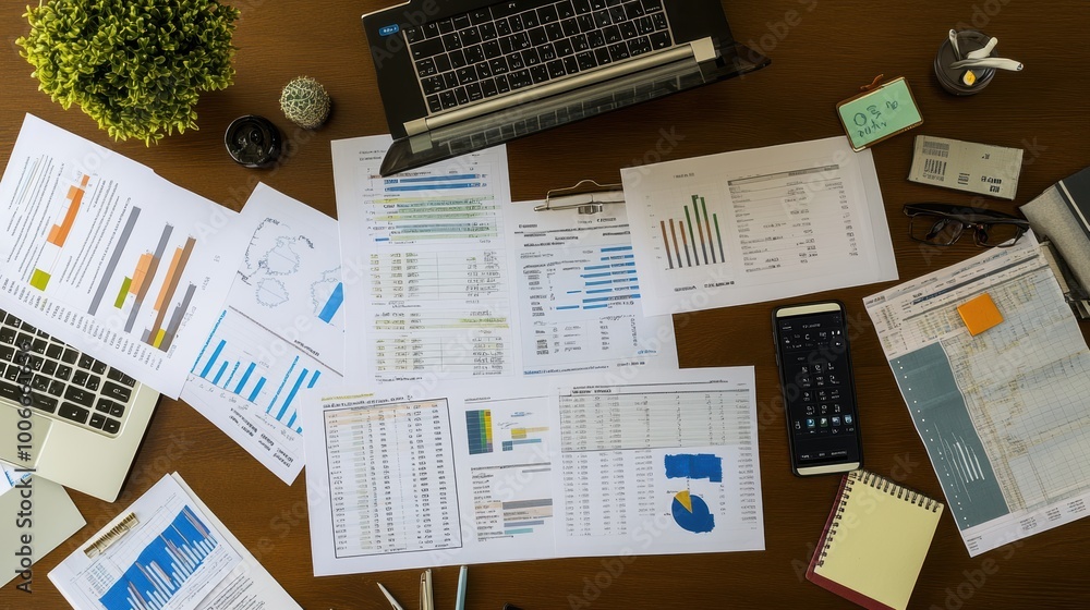 Poster businessman analyzing financial data using charts and graphs on desk