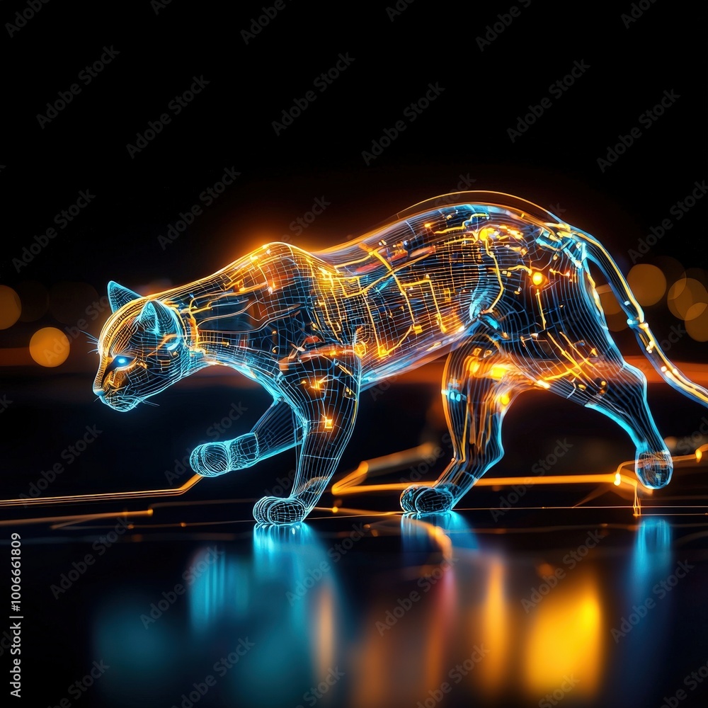 Poster digital cat in neon lights and circuit patterns