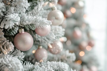 Fototapeta premium a white frosted christmas tree adorned with soft pink baubles and twinkling silver lights enhances the minimalist interior concept