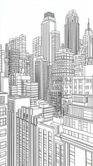 Naklejka premium Detailed line drawing of a city skyline featuring towering buildings and urban architecture.