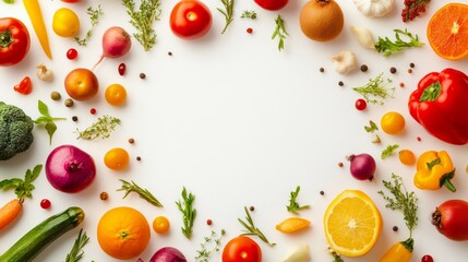 A flat lay of colorful fruits and vegetables arranged in a circle with space for text