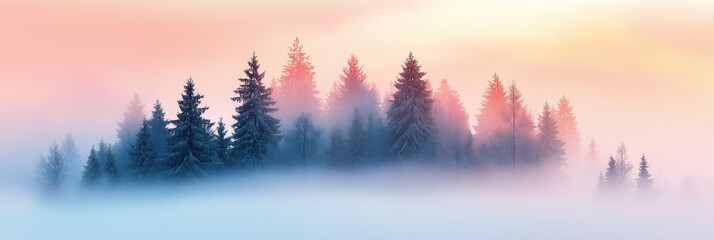 Misty morning in a forest with a pastel sky.