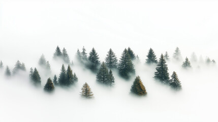 Obraz premium A misty forest with tall trees reaching up into the clouds.