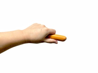 Young woman hand holding sausage isolated on white background. Erectile Dysfunction. Sex concept