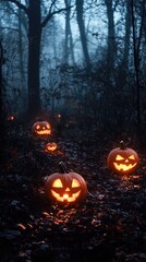 Eerie Halloween pumpkins glow in a misty forest, creating a haunting atmosphere perfect for spooky celebrations.