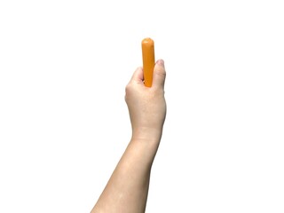Young woman hand holding sausage isolated on white background. Erectile Dysfunction. Sex concept