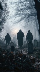 Eerie scene of cloaked figures walking through a foggy graveyard at dusk, creating a haunting and mysterious atmosphere.