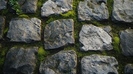 Pavement stones with green moss between them, close-up shot highlighting natural textures and geometric patterns.