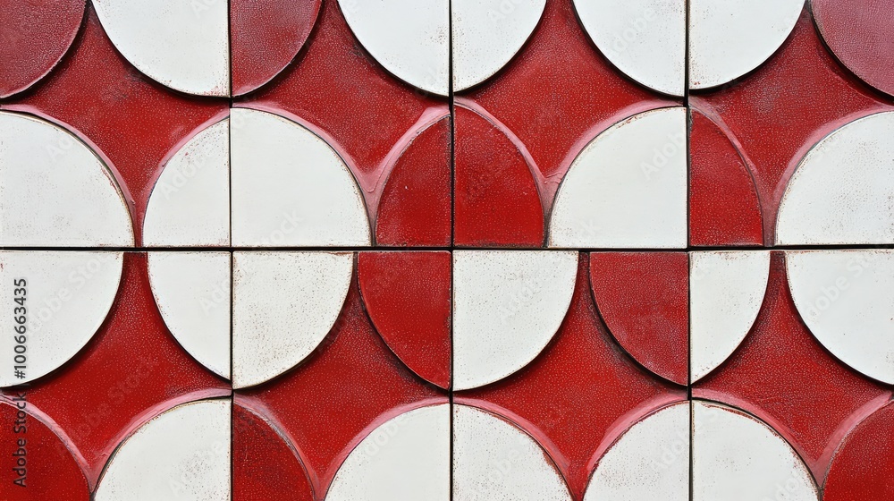 Poster a grid of interlocking circles in deep red and white, forming a dynamic, modern tile design with sha