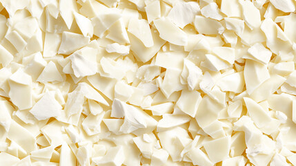 Obraz premium a close-up, top-down view of diced white chocolate flakes spread across the entire frame, filling the image with its creamy white color and delicate texture in irregular pieces