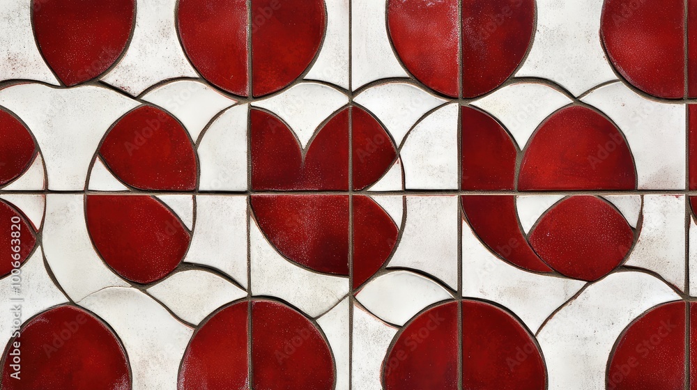 Poster a grid of interlocking circles in deep red and white, forming a dynamic, modern tile design with sha