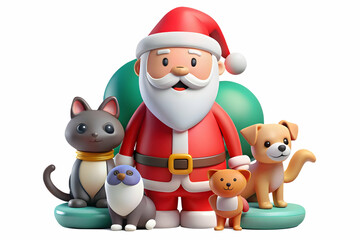 Charming Flat Santa Surrounded by Pets in a Bright Glossy Setting - Playful Interactions with a Clear Space for Holiday Greetings