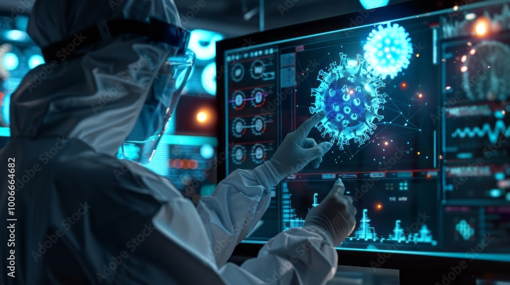 Aufkleber A man in a white lab coat is pointing at a computer screen with a virus on it