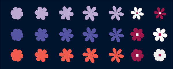 Set of y2k stickers. Flowers color, abstract retro shapes. Vector illustration