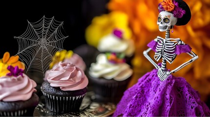 Day of the Dead Skeleton Figurine with Floral Crown, Purple Suit and Festive Cupcakes