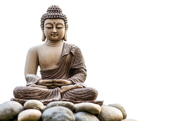 Fototapeta premium Buddha statue sitting on rocks with copy space on transparent background