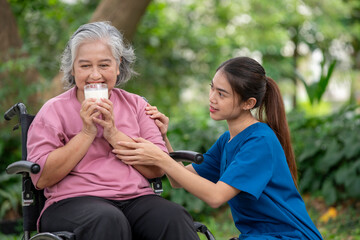 Obraz premium Elderly woman in a wheelchair holding a cup of milk young healthcare worker stands assisting take care providing drink interaction reflects attentive caregiving, support is healthy treatment concept.