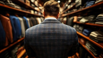 Fototapeta premium Interior of an upscale mens boutique, featuring a wardrobe filled with expensive suits Clean, modern design with soft lighting, exuding elegance and highend fashion appeal