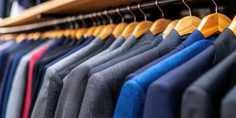 Obraz premium Luxurious clothing boutique showcasing a wardrobe full of highend male suits Rich textures
