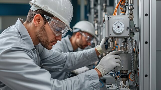 Industrial worker inspecting machinery with precision, showcasing safety and professionalism in a modern engineering environment.