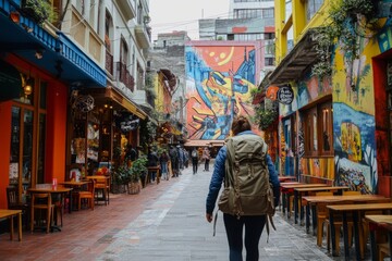 Obraz premium A vibrant street full of color and character. This scene captures a person exploring an artistic neighborhood. A perfect spot for travel and adventure lovers. Generative AI