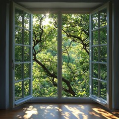 Fototapeta premium A tranquil scene featuring an open window with views of lush green trees and sunlight gently illuminating the interior space.
