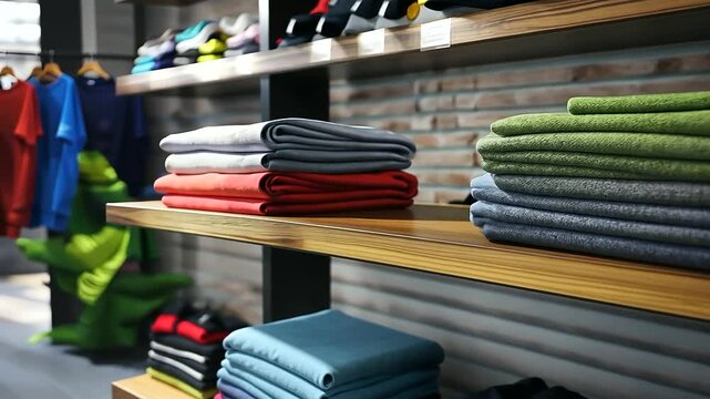 3D clothing mockup of a comfortable pair of sweatpants folded on a store shelf, with other casual wear around