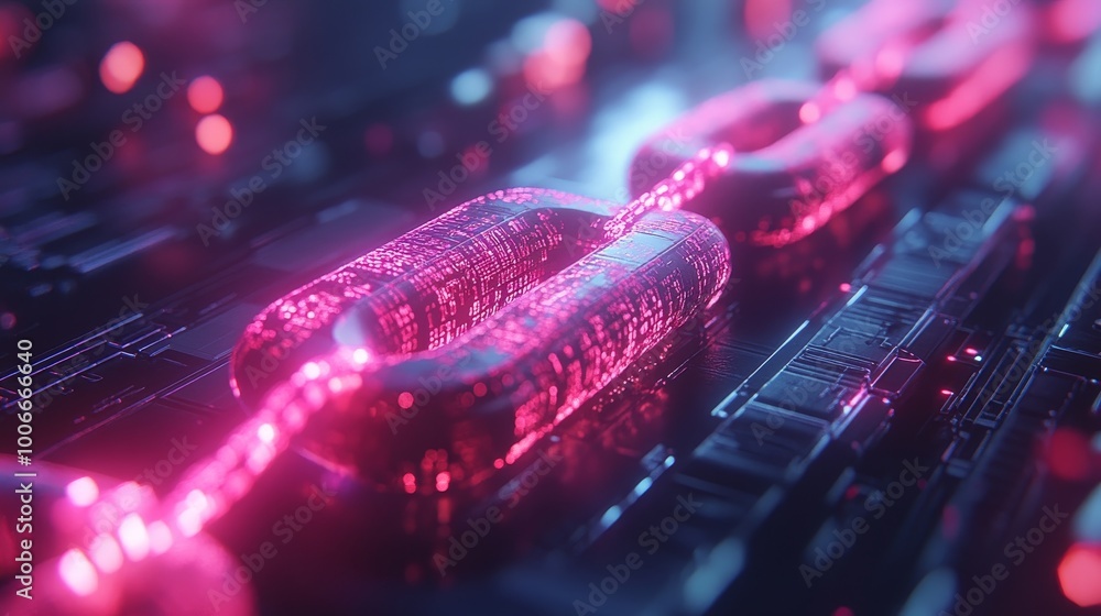 Poster a digital chain depicted in pink hues conveys the concept of blockchain technology on an intricate c
