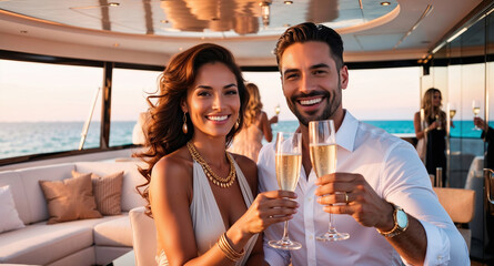 Elegant couple smiling and drinking champagne on a yacht at sunset during party with friends