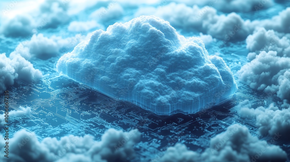 Poster a digital cloud floats above an integrated circuit, symbolizing data storage and technology in a fut