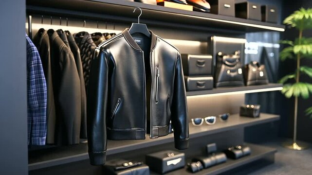 3D clothing mockup of a sleek leather jacket hanging on a store shelf, with various accessories surrounding it