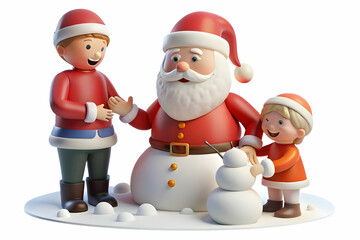 Santa Interacting with Children Building a Snowman in Glossy Snow � Captivating Photo Stock Concept Highlighting Joyful Faces and Winter Fun