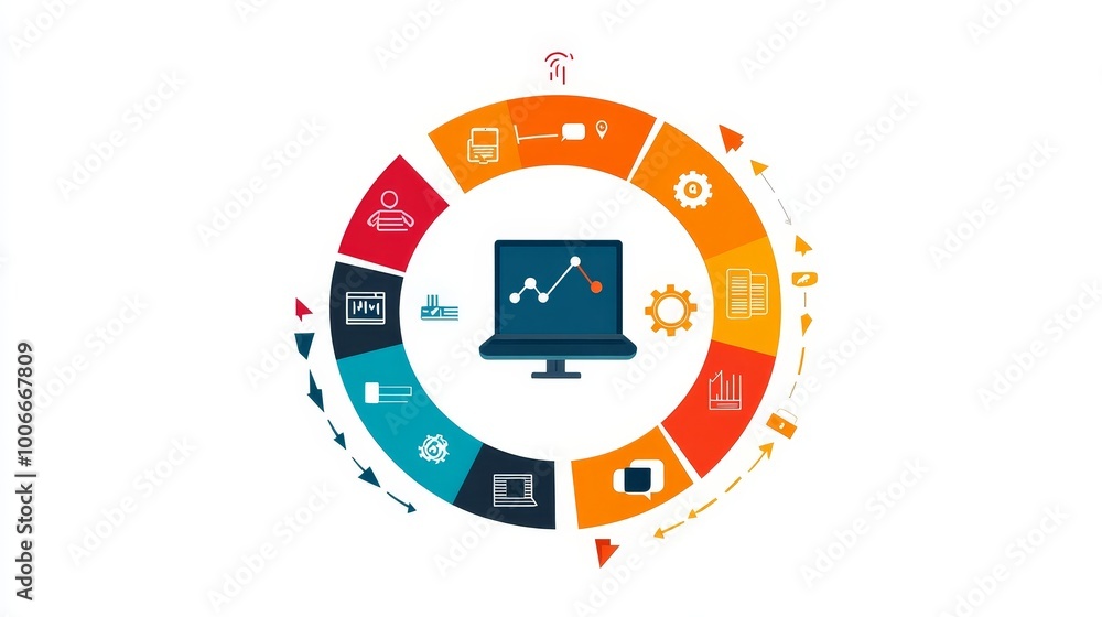 Poster a dynamic infographic displaying a circular arrangement with icons representing technology, analytic