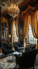 Elegant interior with luxurious black chairs, rich golden drapes, and an ornate chandelier, showcasing vintage sophistication.