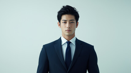 白い背景に短髪のイケメン男性がスーツを着て正面を見ている
