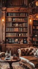 Elegant library featuring wooden shelves, classic books, and vintage decor, inviting a sense of nostalgia and literary charm.
