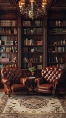 Elegant library with rich wooden bookshelves, cozy leather chairs, and vintage decor, perfect for reading or studying.