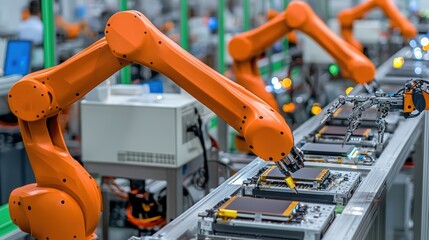 Automated robotic arms assembling electronics on a production line in a modern factory setting.