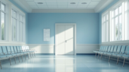 白と水色を基調にした病院の待合廊下の様子を、素材様に全部ぼかした画像