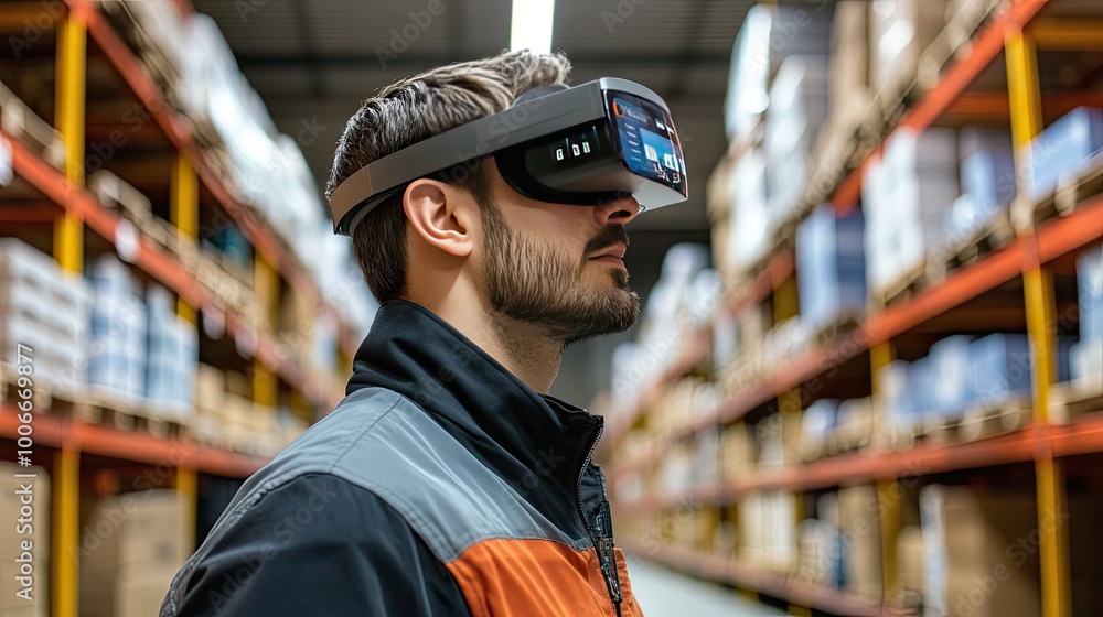 Poster a worker in a warehouse uses augmented reality goggles to manage package picking and delivery. digit