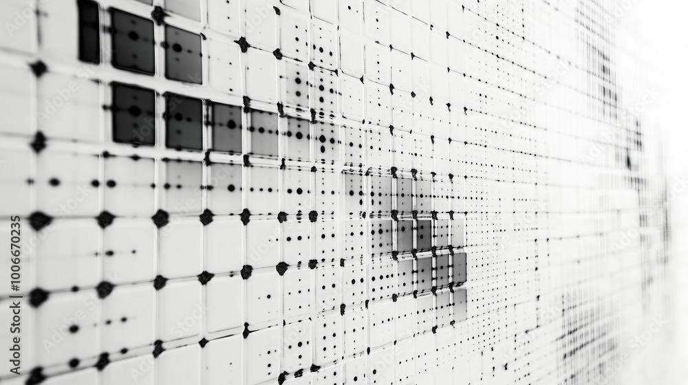 Poster a minimalist tile pattern with thin, intersecting lines in black and white, creating a simple yet dy