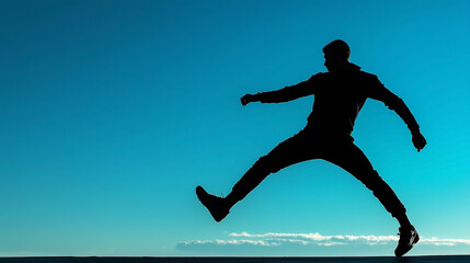 青い空を背景に大股で歩く男性のシルエット画像