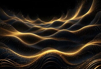 Abstract landscape with wavy golden lines on a dark background