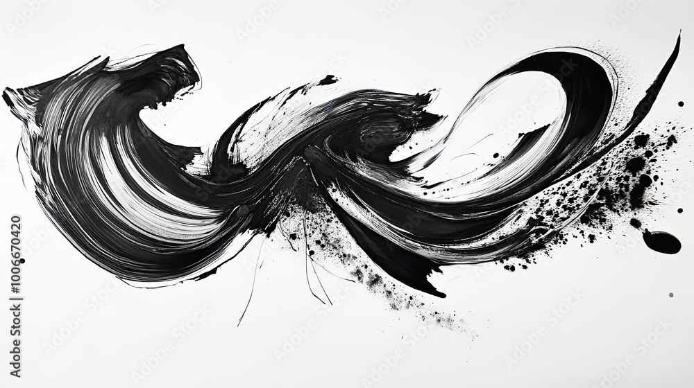 Poster a powerful black and white brushstroke resembling a wave, capturing movement and energy in a dynamic