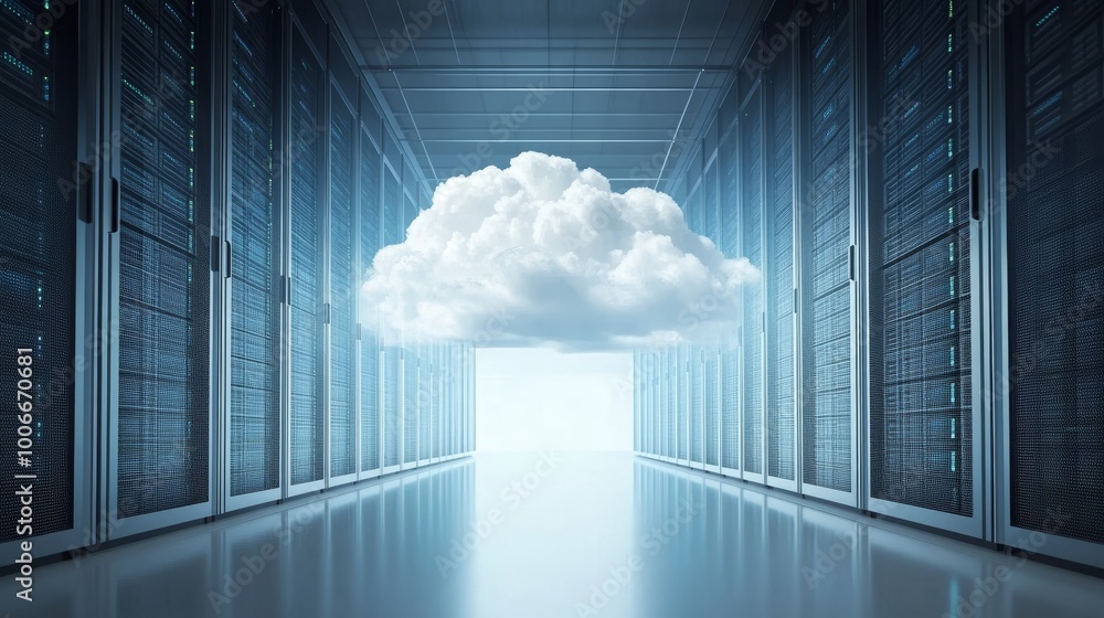 Poster a digital cloud appears prominently in the middle of a modern server room, symbolizing cloud computi