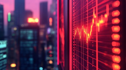Obraz premium A red financial graph showcases market fluctuations, set against an evening cityscape of blurred, glowing metropolis lights.