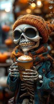 a skeleton with a scarf enjoys a pumpkin spice latte in a coffee shop in fall,