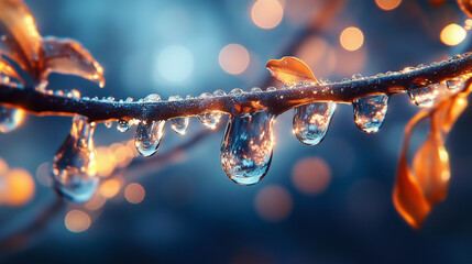 Raindrops hang from a branch, glistening in the soft light.